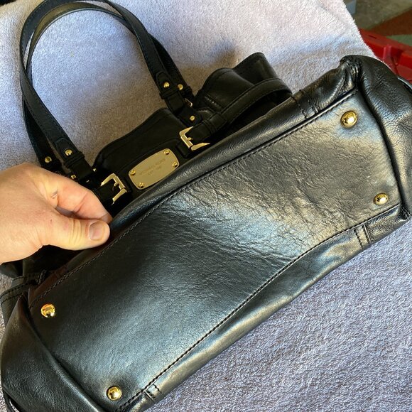 Michael Kors Black Leather Buckle Tote Bag with Gold Hardware - Picture 3 of 10
